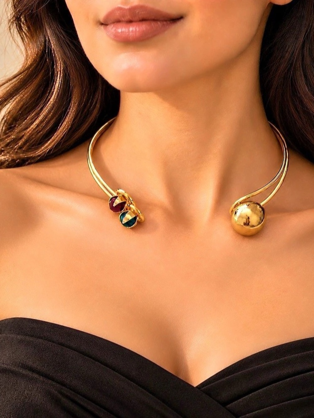 24K Gold Plated Choker Necklace Open Collar Colorful Stones Jewelry For Her